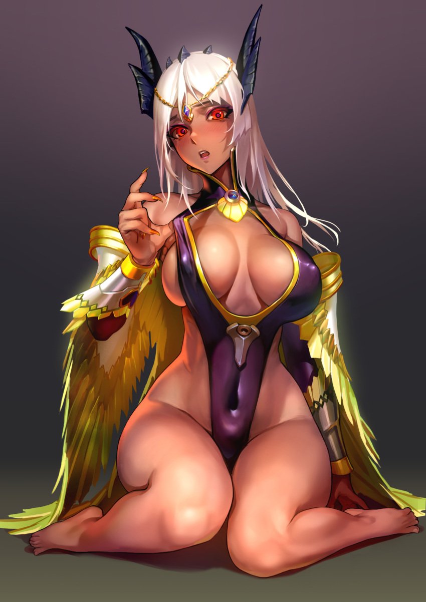 as109 barefoot breasts cleavage dark-skinned_female dark_skin feet female humanized large_breasts leotard long_hair monster_hunter orange_eyes personification shagaru_magala sitting solo white_hair