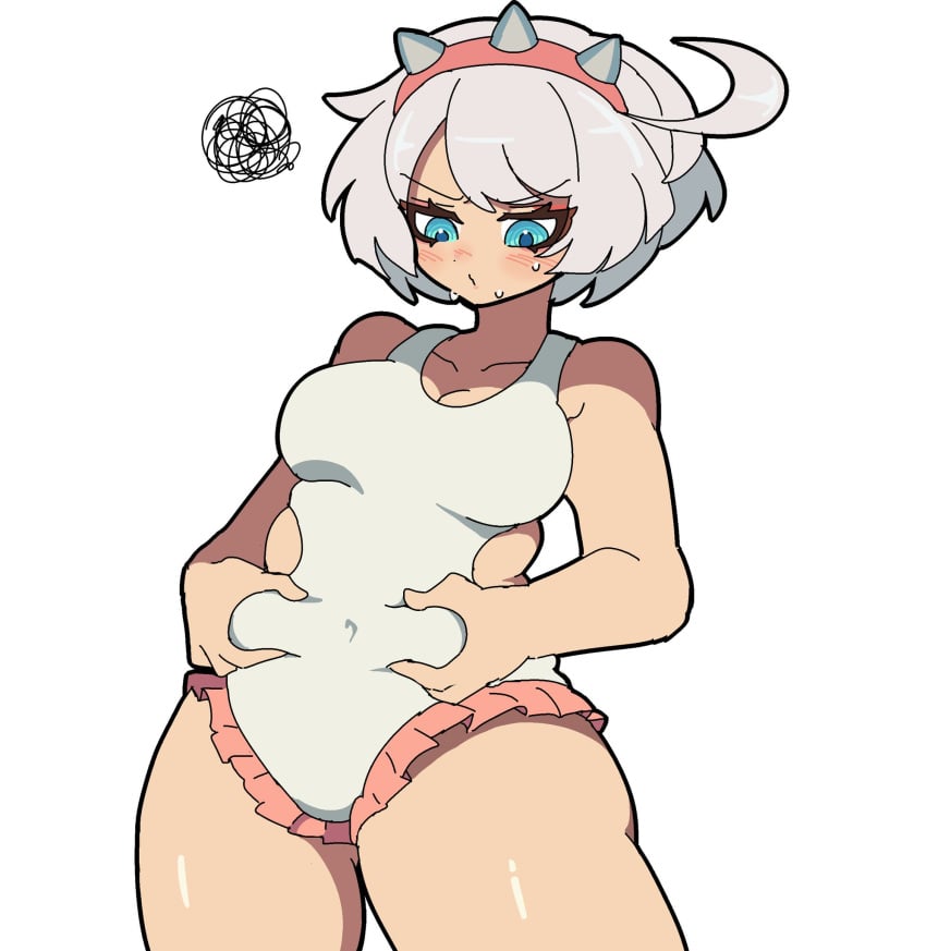 elphelt_valentine headband kekeken_(9vsqgrq7v2wnvby) large_breasts squishing_belly teal_eyes thick_thighs upset white_hair