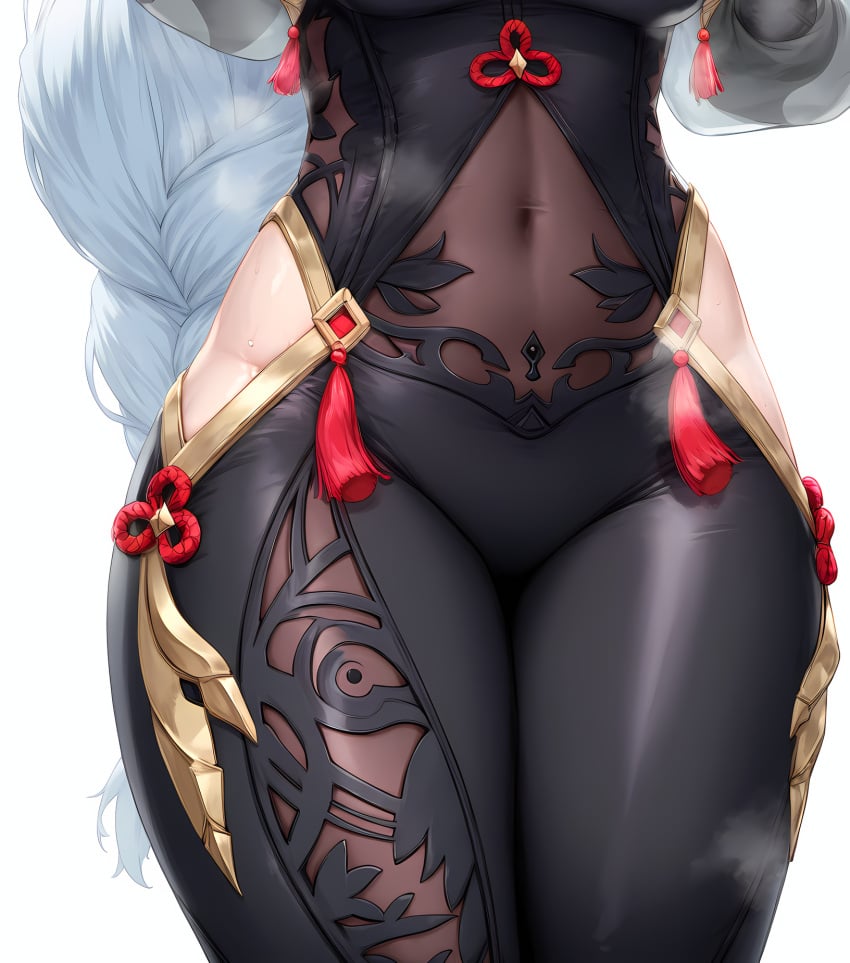 18g35bx 1girls ai_generated black_bodysuit bodysuit braid braided_ponytail breasts close-up clothing clothing_cutout covered_navel crotch female female_only genshin_impact gloves grey_hair hair_ornament head_out_of_frame hip_vent jewelry large_breasts long_hair looking_at_viewer lower_body puffy_long_sleeves shenhe_(genshin_impact) side_cutout simple_background skin_tight solo steaming_body sweat tassel thighs tied_hair very_long_hair white_background