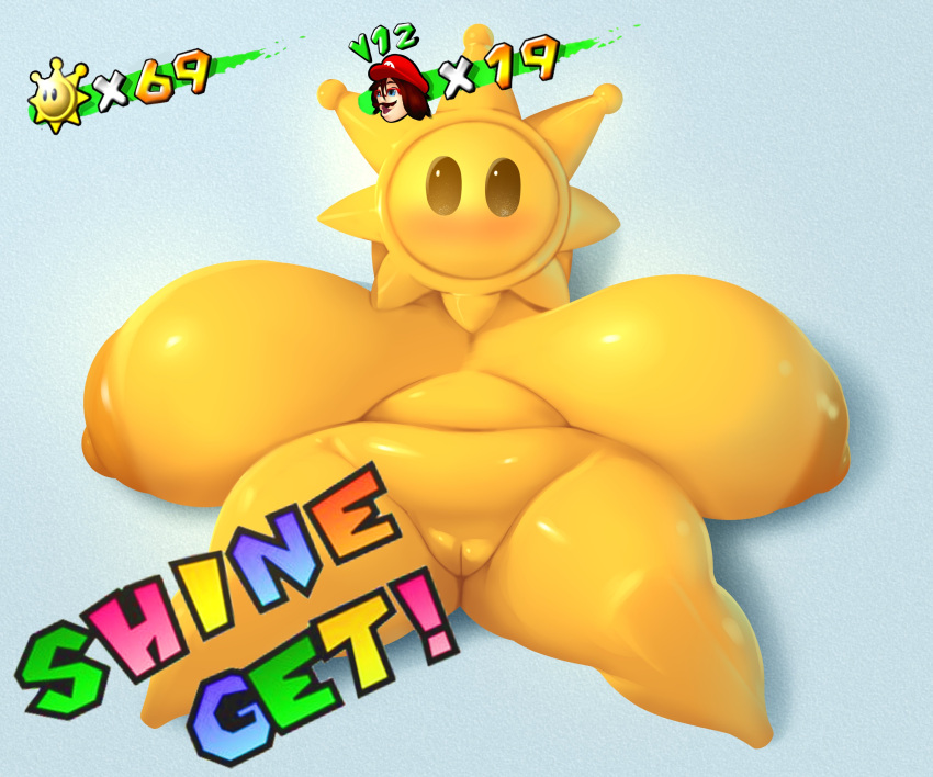 69_(number) absurd_res animate_inanimate areola big_breasts blush breasts dibujosv12 english_text exclamation_point female genitals hi_res huge_breasts humanoid looking_at_viewer lying mario_(series) nintendo nipples not_furry nude on_back pussy shine_sprite slightly_chubby solo super_mario_sunshine text yellow_areola yellow_body yellow_nipples