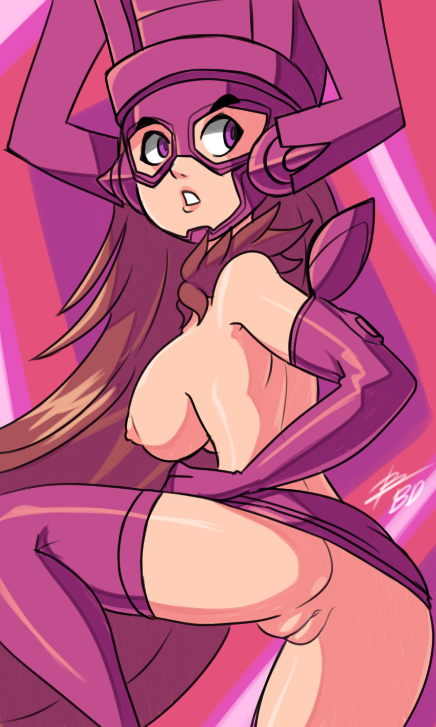 ass bigdeadalive breasts brown_hair elbow_gloves fur_trim galacta gloves goddess hair headgear helmet large_breasts long_hair looking_back marvel nipples no_panties purple_gloves purple_legwear pussy sideboob simple_background skirt skirt_up thighhighs topless very_long_hair white_background