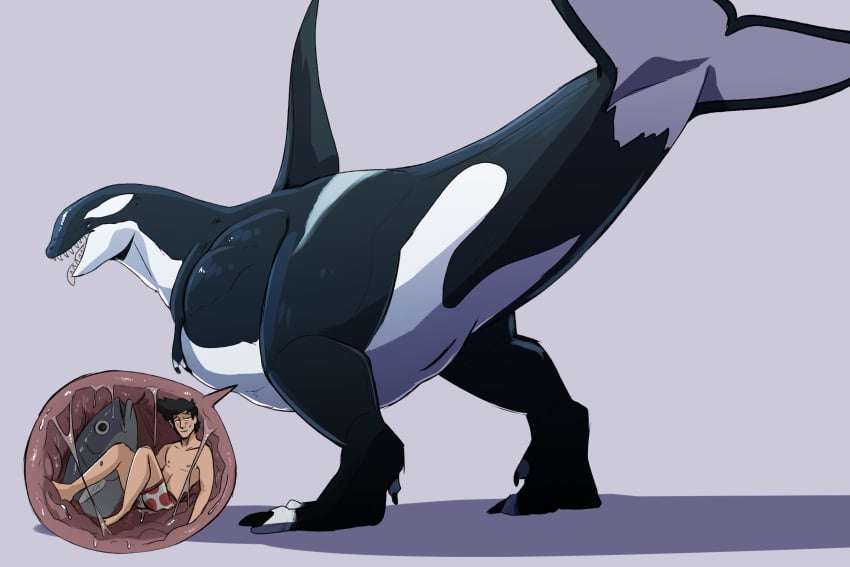 absurd_res anthro biped black_body black_hair blue_eyes cetacean clothed clothing dolphin dorsal_fin duo female feral fin fish furry genitals hair hi_res human hybrid imperatorcaesar internal male mammal marine narrowed_eyes oceanic_dolphin open_mouth orca pussy sharp_teeth stomach_bulge tan_body tan_skin teeth tongue tongue_out toothed_whale topless vore white_body