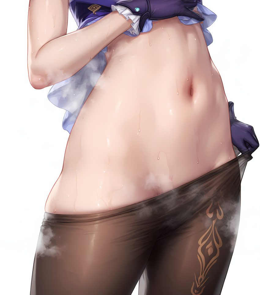 18g35bx 1girls ai_generated black_pantyhose blush breasts close-up clothes_lift clothes_pull clothing female female female_only frilled_gloves frills genshin_impact gloves keqing_(genshin_impact) lower_body navel pantyhose pantyhose_pull pulled_by_self purple_gloves simple_background solo steam steaming_body stomach sweat thighs undressing wet white_background