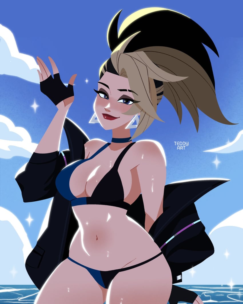 1girls akali big_breasts bikini blonde_hair blue_eyes blue_sky choker cleavage earrings eyelashes eyeshadow female fingerless_gloves jacket jacket_off_shoulders k/da_all_out_akali k/da_all_out_series league_of_legends lipstick looking_at_viewer navel ocean off_shoulder ponytail smile solo sweat teddy_art two_tone_hair waving waving_at_viewer