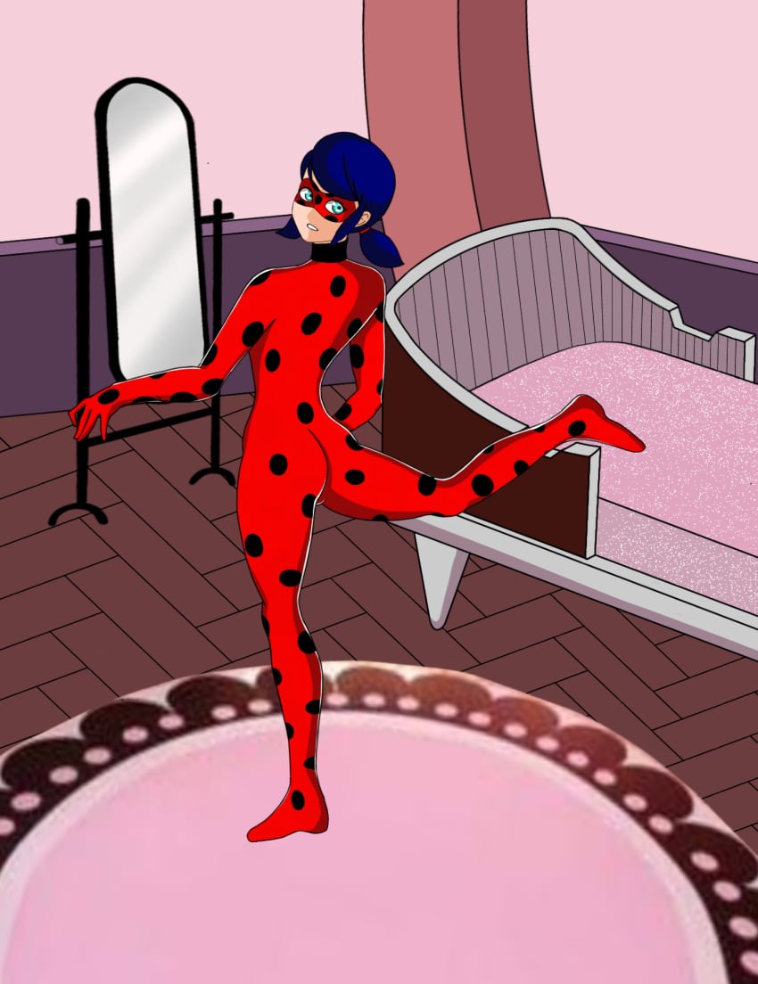 1girls 2d 2d_(artwork) ass blue_eyes blue_hair bodysuit domino_mask eye_mask female female_only jbana1010 ladybug_(character) looking_back marinette_dupain-cheng miraculous:_tales_of_ladybug_and_cat_noir miraculous_ladybug pigtails rear_view self_upload solo standing_on_one_leg superheroine tagme