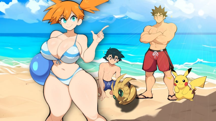 1girls 2boys ai_generated alternate_breast_size beach beach_ball bikini blue_eyes brock_(pokemon) day female human kasumi_(pokemon) large_breasts looking_at_viewer male mullon multiple_boys novelai pikachu pokemon pokemon_(anime) pokemon_(classic_anime) pokemon_(species) satoshi_(pokemon) smile summer