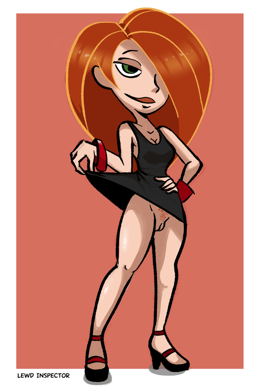 1girls black_dress bottomless dress dress_lift female female_only green_eyes hair_over_one_eye hand_on_hip human kim_possible kimberly_ann_possible legs lewd_inspector lifted_by_self no_panties no_underwear pubic_hair pubic_stubble pussy red_hair solo standing tagme