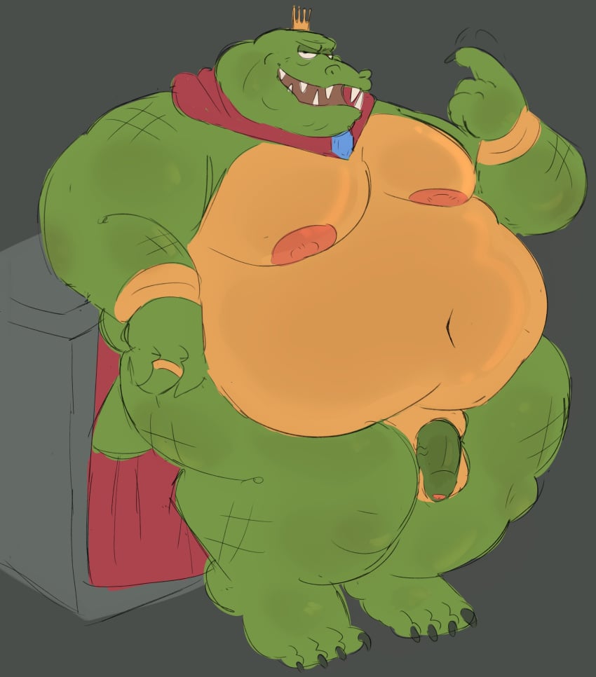 1boy 4_toes absurd_res anthro balls bara belly big_belly big_moobs biped cape clothing crown donkey_kong_(series) fat fat_man feet fingers genitals glans green_body green_penis headgear hi_res humanoid_genitalia humanoid_penis k_rool kremling male male_anthro male_only moobs morbidly_obese morbidly_obese_male navel nintendo nipples obese obese_anthro obese_male overweight overweight_anthro overweight_male penis red_cape red_clothing scalie smut_leo solo teeth toes