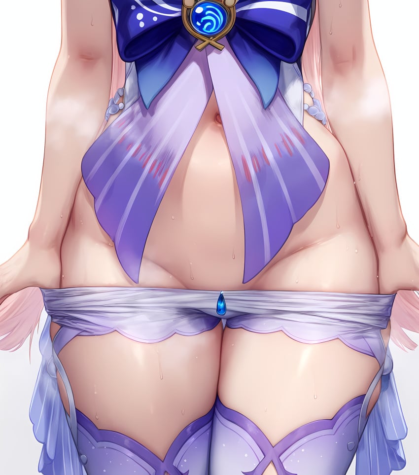 18g35bx 1girls ai_generated bare_arms blue_bow blush bow bowtie breasts close-up clothes_pull clothing female female_only genshin_impact groin long_hair lower_body navel pantsu pink_hair pulled_by_self purple_thighhighs revealing_clothes sangonomiya_kokomi short_shorts shorts shorts_pull simple_background solo stomach sweat thigh_gap thighhighs thighs underwear undressing very_long_hair vision_(genshin_impact) water_drop white_background white_shorts