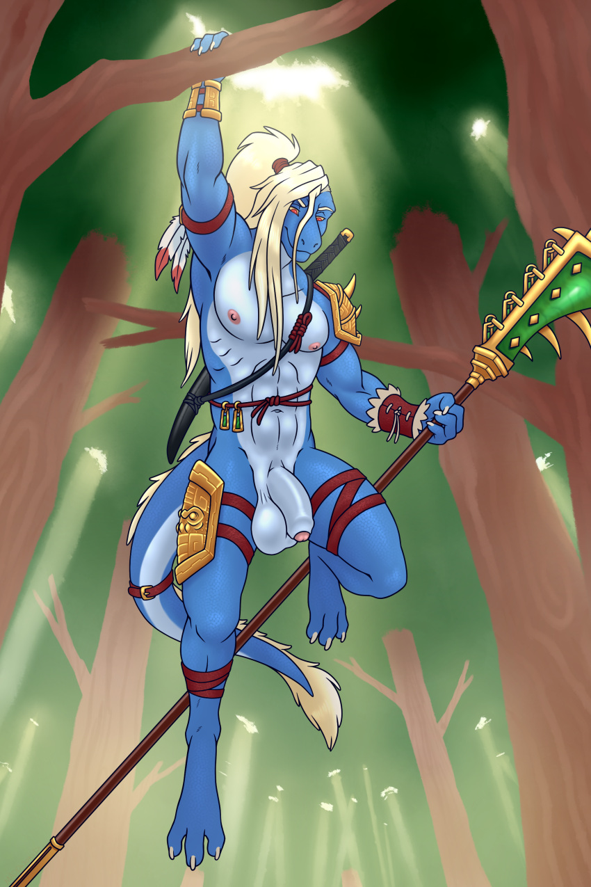 absurd_res accessory anthro armband armor asian_mythology balls blonde_hair blue_body casual_exposure clothed clothing detailed_background dragon east_asian_mythology eastern_dragon feathers forest forest_background genitals gold_(metal) gold_armor hair hanging_from_branch hi_res holding_object holding_weapon humanoid_genitalia humanoid_penis lizard lizard_tail long_hair maddworld male melee_weapon mostly_nude mostly_nude_male mythological_creature mythological_scalie mythology nature nature_background outside penis plant ponytail red_eyes reptile scalie sek-raktaa skimpy solo sword tail tail_tuft tree tuft unconvincing_armor weapon yellow_sclera