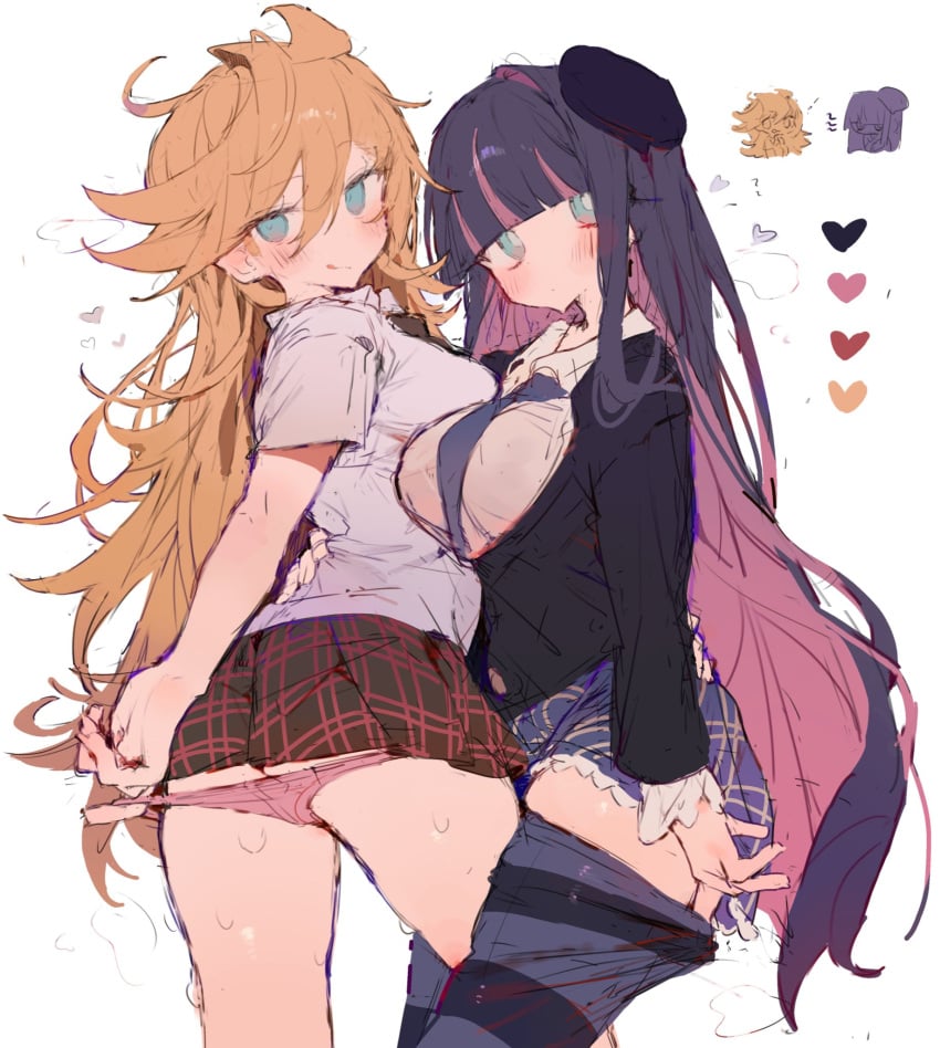 2girls artist_request ass blush color_palette expressionless legwear_down licking_lips looking_away looking_back multiple_girls necktie otintin(artist) panties panties_down panty_&_stocking_with_garterbelt panty_anarchy removing_panties school_uniform stocking_anarchy thighs tie