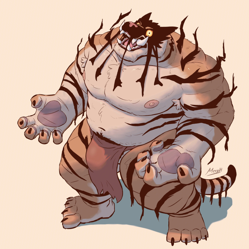 absurd_res anthro balls belly bottomwear bulge clothing dream_tiger dream_tiger_(govy9807) felid fur genitals glowing glowing_eyes hi_res loincloth male mammal merphbw musclegut muscular navel nipples pantherine pawpads pecs pubes solo striped_body striped_fur stripes tiger tusks yellow_eyes