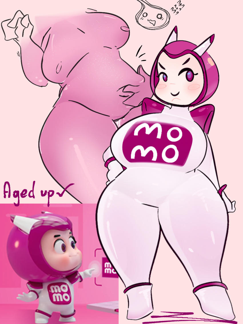 2d aged_up armor big_ass big_breasts big_butt blush bodysuit boots breasts chubby chubby_female clothing fat_ass female female_only fingers full_body fully_clothed genitals gloves helmet hips hobin_ humanoid mascot momo_bank naked nipples nude nude_female purple_eyes pussy pussy_juice reference_image shiny_skin shoulder_armor simple_background solo solo_focus squeezing_belly squishing standing straight sweat text thick_ass thighhighs thighs touching_belly young