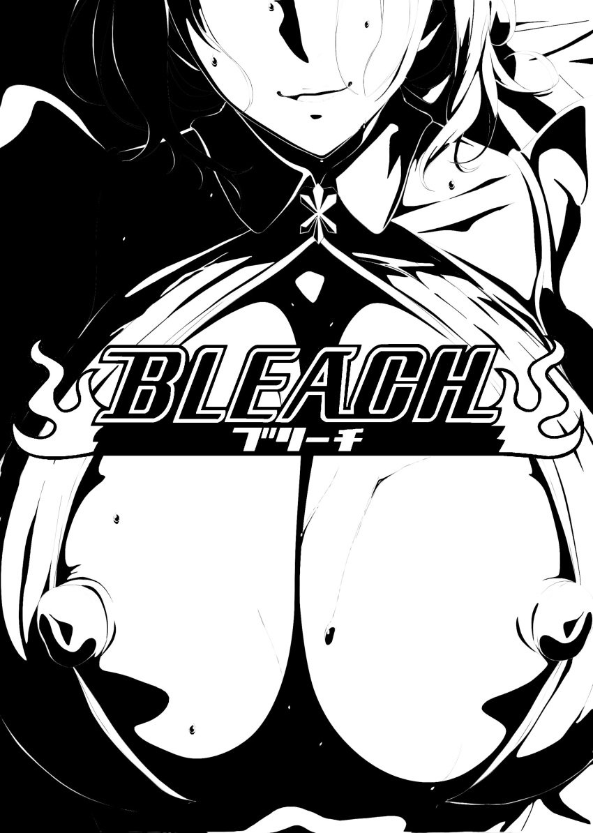 1girls areolae big_breasts bleach bleach:_the_thousand-year_blood_war breasts center_opening cleavage cleavage_cutout female female_only huge_breasts inoue_orihime large_breasts monochrome nipple_slip nipples smile sole_female solo sweat sweaty_breasts theobrobine