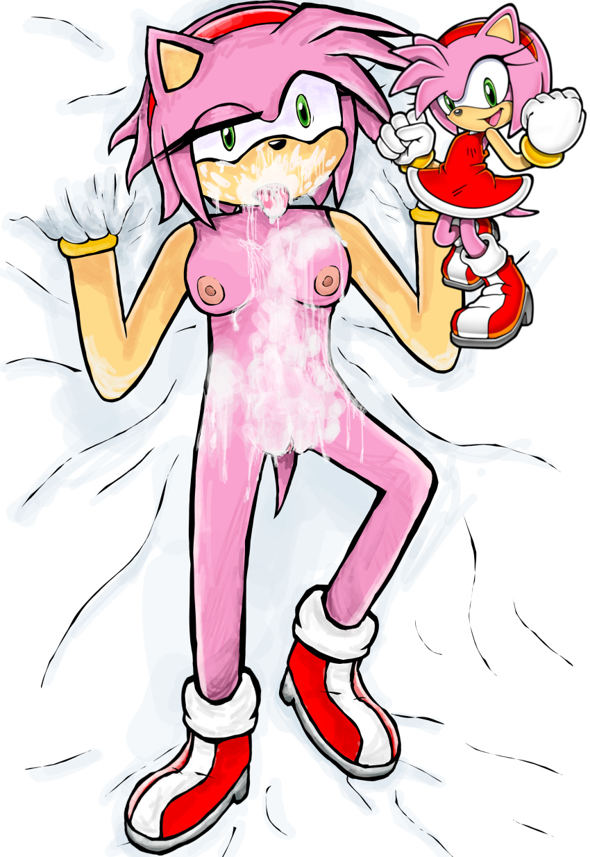 amy_rose bed bed_sheet boobs breasts cum cum_on_body cum_on_breasts cum_on_face cumshot_in_mouth sonic_(series) sonic_the_hedgehog_(series)