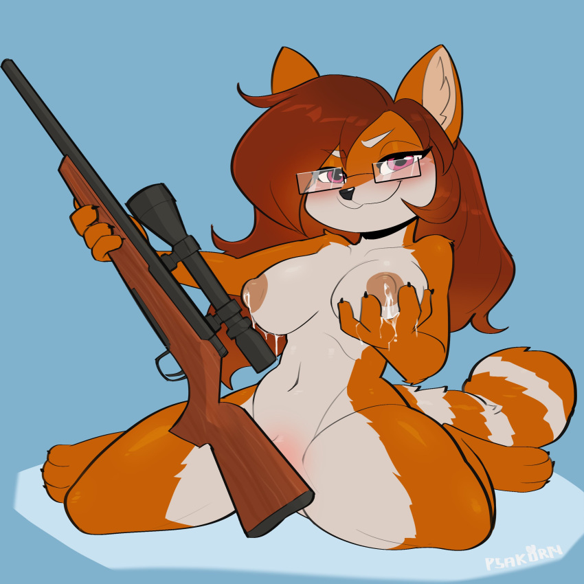 abbigail_(garrettfalken22) absurd_res ailurid anthro big_breasts bodily_fluids breasts brown_hair eyewear female front_view fur genitals glasses gun hair hi_res holding_gun holding_object holding_ranged_weapon holding_rifle holding_weapon kneeling lactating looking_at_viewer mammal milk nipples nude orange_body orange_fur psakorn_tnoi pussy ranged_weapon rectangular_glasses red_panda rifle smile sniper_rifle solo tail weapon