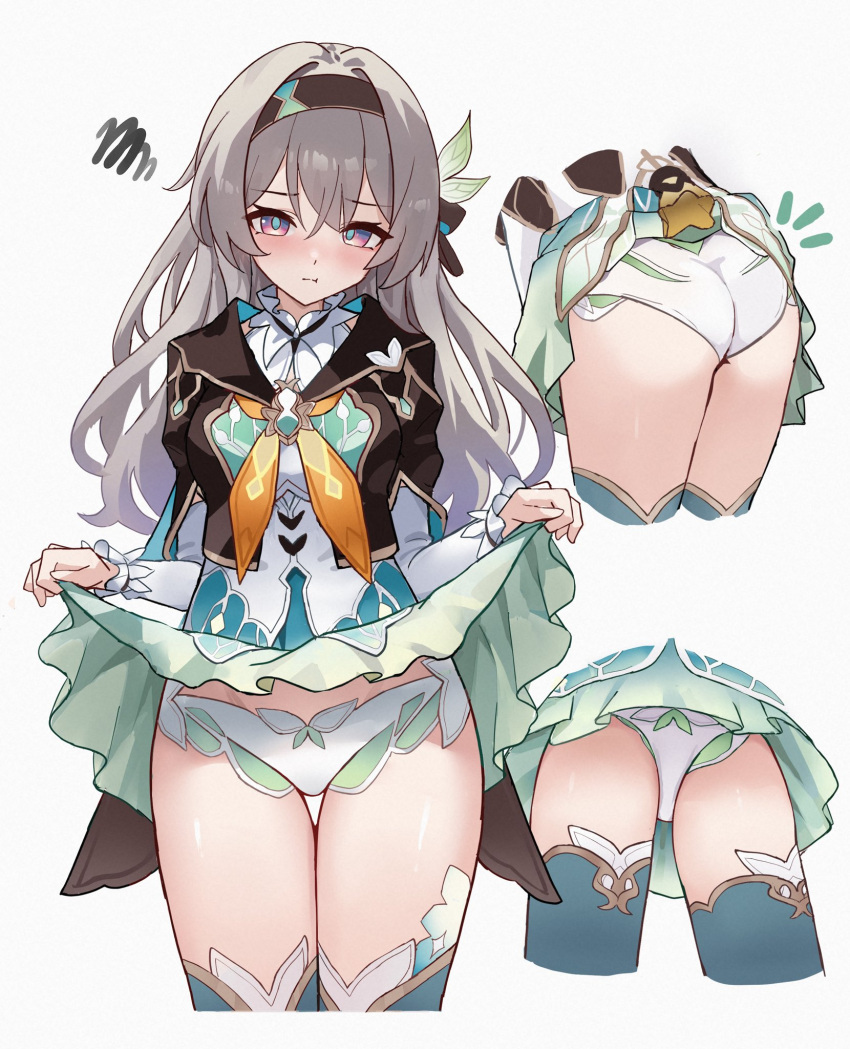 :< annoyed ass back_view blush embarrassed firefly_(honkai:_star_rail) flashing_panties from_below front_view frustrated honkai:_star_rail multiple_views panties pout pouting squiggle thighs upskirt