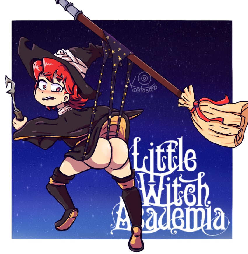 ass big_ass big_butt bloom boots clothing hanging_wedgie kevinchan10 little_witch_academia mirage panties red_eyes red_hair short_hair wedgie witch witch_hat