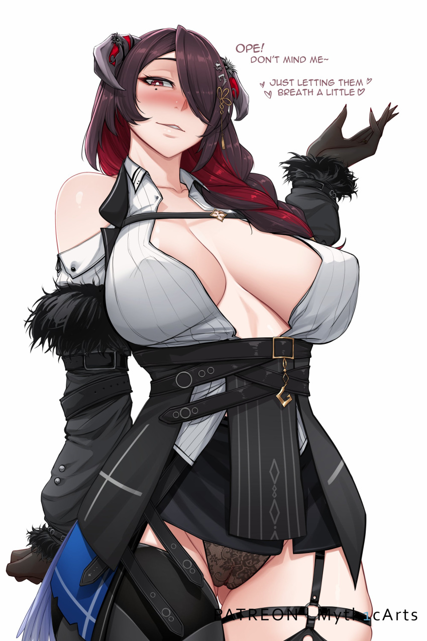 1girls artist_name beauty_mark braid breasts brown_hair colored_inner_hair demon_girl demon_horns english_text female female_only gloves hair_over_one_eye hololive hololive_english hololive_english_-advent- holomilfs horns large_breasts light-skinned_female light_skin mamarissa mature_female milf mole mole_under_eye mother myth1c myth1carts nerissa_ravencroft_(cosplay) one_eye_obstructed open_shirt panties patreon_username red_eye red_hair solo text underwear virtual_youtuber white_background