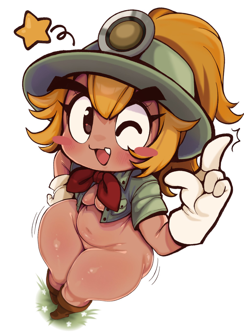 bottomless breasts female goomba goombella mario_(series) motion_lines nintendo niucniuc paper_mario paper_mario:_the_thousand-year_door slightly_chubby star thick_thighs video_games wide_hips wink