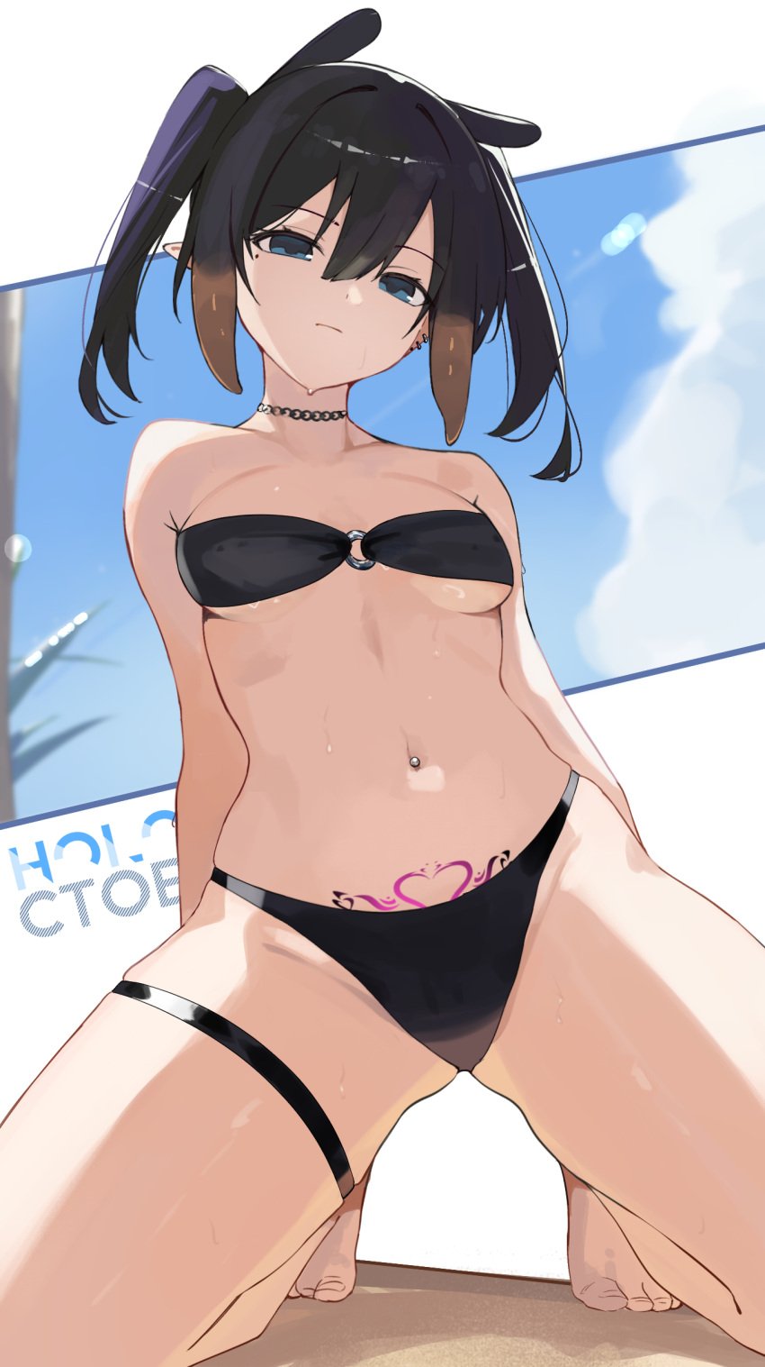 belly_button belly_button_piercing bikini female female_only hip_dips hololive hololive_english hololive_myth ku_roiko looking_at_viewer midriff ninomae_ina'nis on_knees pubic_tattoo revealing_clothes roikopi skindentation small_breasts succubus_tattoo tattoo thick_thighs thighs virtual_youtuber vtuber