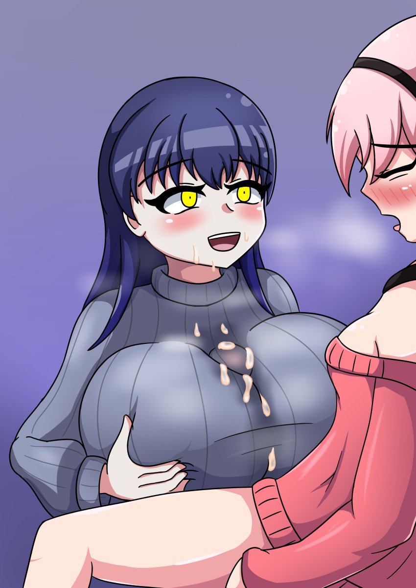 1futa 1girls black_hairband blue_hair blue_sweater blush bottomless closed_eyes clothed clothed_paizuri clothing cum cum_on_breasts female female_on_futa futa_on_female futanari hairband huge_breasts iyowa_girls long_hair makiri_(iyowa) mercy_killing_(vocaloid) muko_(iyowa) muko_no_anata_(vocaloid) mv_character open_mouth paizuri paizuri_under_clothes partially_clothed pink_hair pink_sweater redleaf64 short_hair sweater vocaloid yellow_eyes yuri