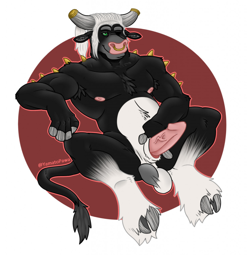 anthro balls bovid bovine cattle cut_horn erection facial_piercing genitals hi_res hooves male mammal muscular nipples nose_piercing nose_ring penis piercing presenting ring_piercing saggy_balls sitting solo spikes spikes_(anatomy) spread_legs spreading vein veiny_penis yamatopawa