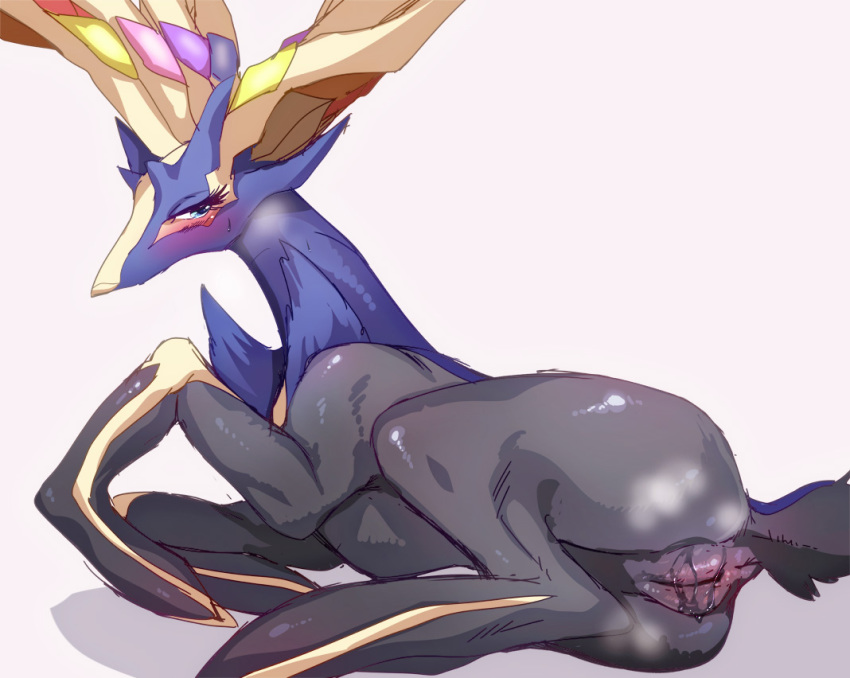 anus blush cervine chest_tuft deer edit female feral hot_shit legendary_pokemon lying mammal nintendo on_side pokemon pokemon_(species) presenting presenting_pussy pussy pussy_juice simple_background solo tuft uncensored unknown_artist video_games white_background xerneas