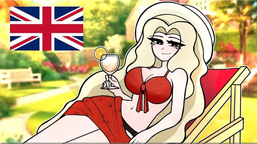 big_breasts blonde_hair british british_female detailed_background long_hair oc original original_character red_bikini united_kingdom whatifanimation whatifanimtion_(artist) white_body