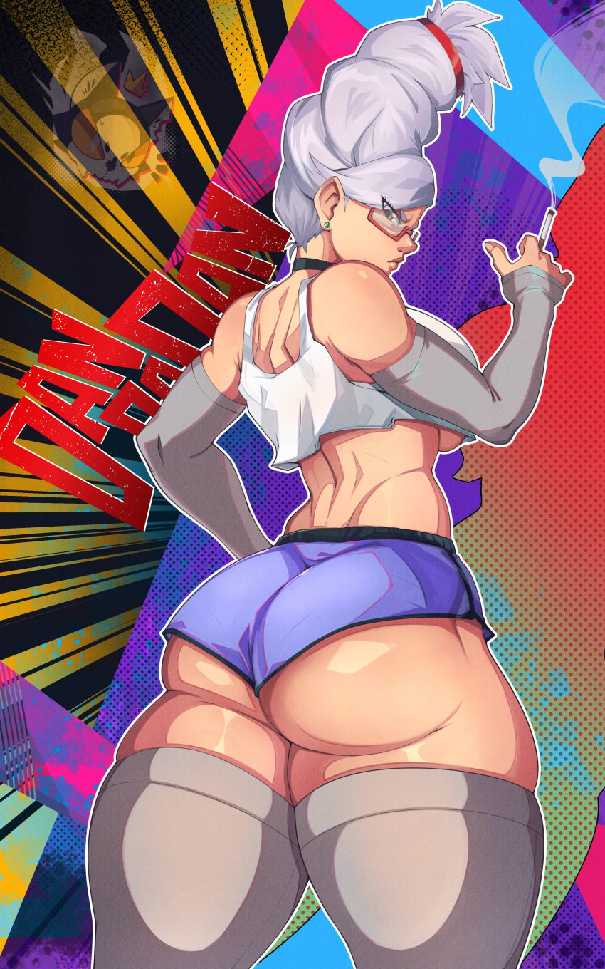 1girl 1girls ass ass_focus ayase_seiko back bare_shoulders big_ass black_choker blue_eyes booty breasts bubble_butt character_name choker cigarette clothing crop_top dandadan detached_sleeves earrings eyewear fat_ass female female_only from_behind glasses grey_hair holding_cigarette huge_ass jewelry large_ass large_breasts legwear lips long_hair looking_at_viewer looking_back makeup mrdeathcat red-framed_eyewear short_hair short_shorts shorts smoke smoking solo thick_ass thick_thighs thighhighs thighs tied_hair underboob white_hair wide_hips