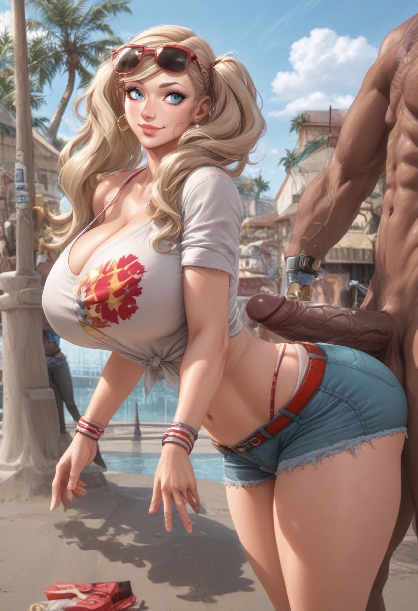 1boy 1girls ai_generated ann_takamaki bdd101711 blonde_hair blue_eyes booty_shorts breasts_bigger_than_head clothed clothed_female clothed_female_nude_female huge_ass huge_breasts huge_cock huge_penis large_breasts nude nude_male penis_on_ass persona persona_5 shorts sunglasses sunglasses_on_head thick_thighs thong tied_t-shirt twintails veiny_penis white_t-shirt