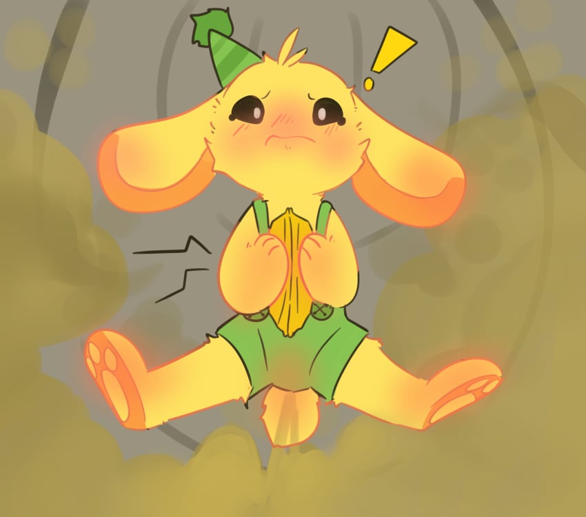 ! anthro blush bunzo_bunny fart fur furry male mammal musk overalls party_hat poppy_playtime rabbit stomach_growling surprised suspended_in_midair tail unknown_artist yellow_fur