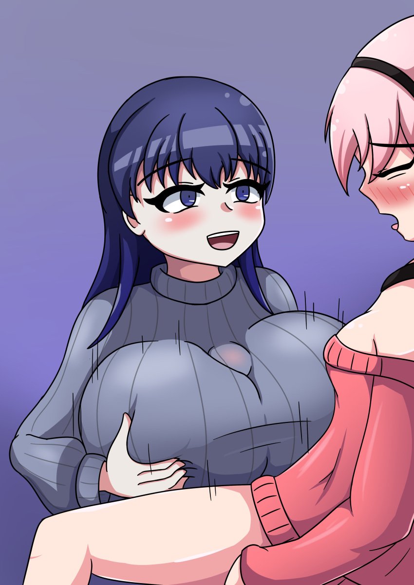 1futa 1girls black_hairband blue_eyes blue_hair blue_sweater blush bottomless closed_eyes clothed clothed_paizuri clothing female female_on_futa futa_on_female futanari hairband huge_breasts iyowa_girls long_hair makiri_(iyowa) mercy_killing_(vocaloid) muko_(iyowa) muko_no_anata_(vocaloid) mv_character open_mouth paizuri paizuri_under_clothes partially_clothed pink_hair pink_sweater redleaf64 short_hair sweater vocaloid yuri