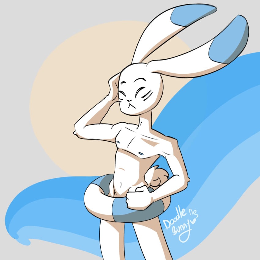 2024_pokemon_teraleak adam's_apple athletic big_ears blue_background blue_nipples closed_eyes doodlebunnyart eyebrows femboy floatie fur hand_on_head hand_on_hip heart_nose heart_symbol hi_res humanoid inflatable inner_tube lagomorph male mammal navel nintendo nipples nude pokemon raised_eyebrows scut_tail short_tail signature simple_background slim small_waist solo standing tail tan_background tasteful_nudity warabbit whiskers white_background white_body white_fur