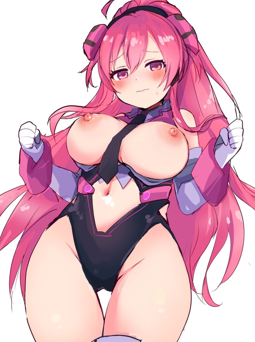 blush clenched_hand closed_mouth embarrassed exposed_breasts large_breasts large_thighs nervous nervous_sweat nipples rasis slender_waist sound_voltex sweatdrop thick_thighs wide_hips