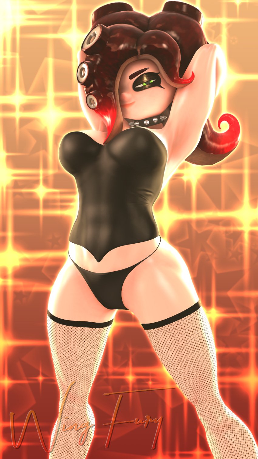 3d 3d_(artwork) black_underwear breasts collar corset fishnet_stockings fishnets fit_female green_eyes looking_at_viewer octoling octoling_girl octoling_rival panties red_hair sfm sheila_(wingfury) simple_background spiked_collar splatoon tentacle_hair thighs wing_fury