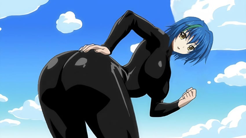 ass bending_over big_ass big_breasts big_butt black_bodysuit blrown_eyes blue_hair busty crossover crossover_cosplay curvy dat_ass edit fairy_tail high_school_dxd jiggle_butt_gang latex latex_bodysuit looking_at_viewer medium_hair skintight smile spandex thick_ass thick_thighs voluptuous xenovia_quarta