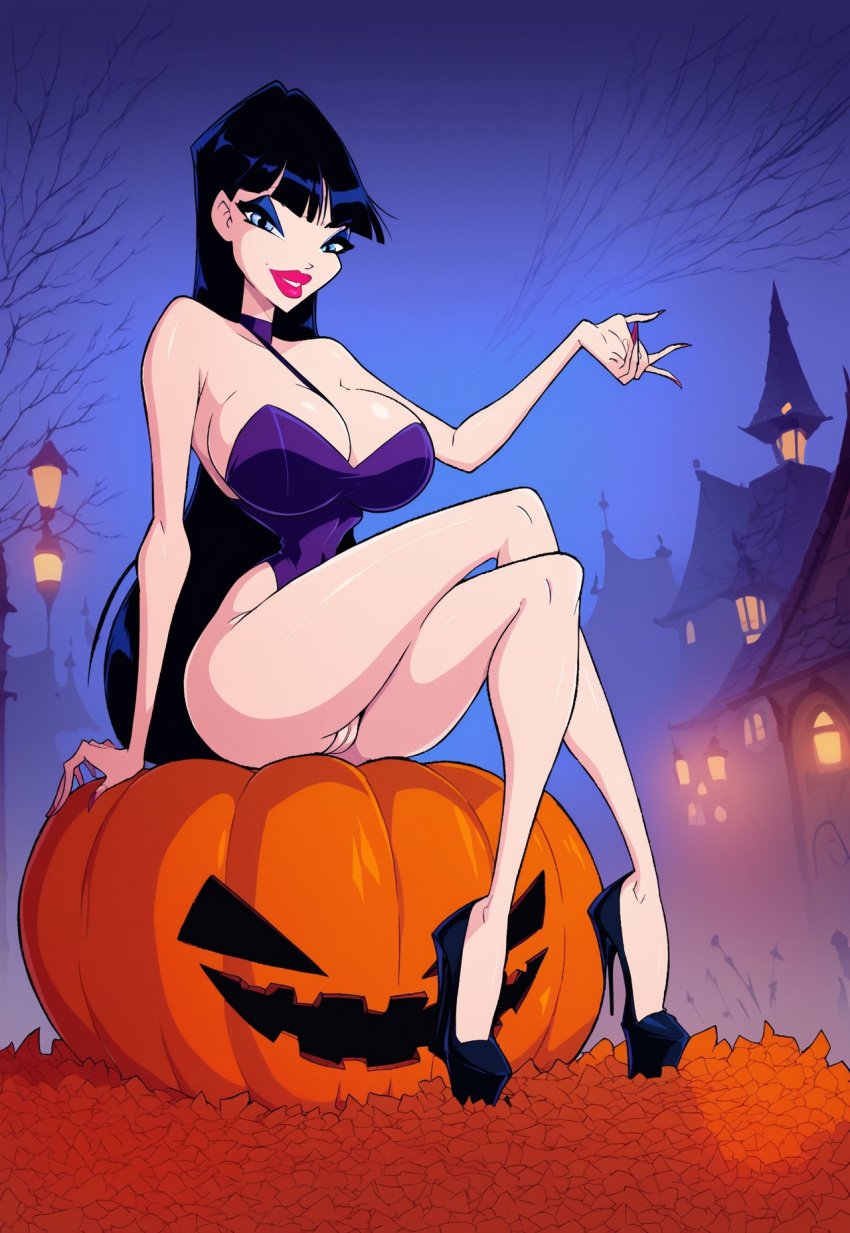 4kids_entertainment ai_generated exposed_pussy halloween high_heels huge_breasts jack-o'-lantern leotard musa_(winx_club) nickelodeon pumpkin rainbow_(animation_studio) sitting_on_pumpkin winx_club witch_costume zfivefan