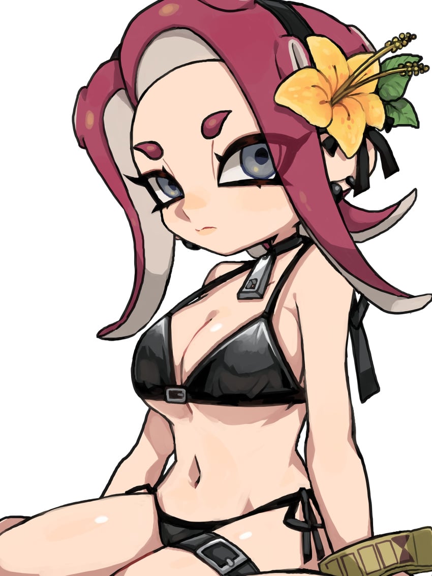 1girls agent_8_(splatoon) big_breasts bikini flower flower_in_hair ikachan_pochan nintendo octoling octoling_girl solo splatoon splatoon_(series) splatoon_2:_octo_expansion swimsuit tagme thigh_strap