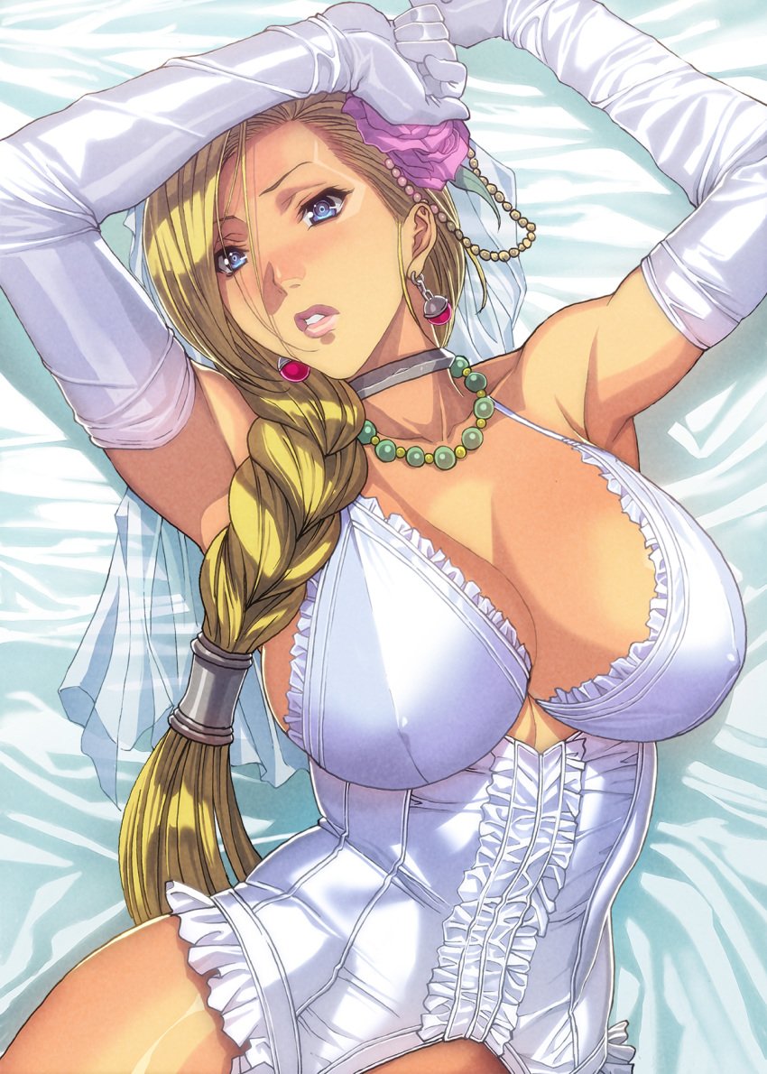 1girls armpits arms_up bed bianca_whitaker blonde_hair blue_eyes breast breasts bride choker classy cleavage clothing dragon_quest dragon_quest_v earrings erect_nipples erect_nipples_under_clothes flower glaring gloves hair_flower hair_ornament homare_(fool's_art) hourglass_figure huge_breasts lace large_breasts lips lying necklace nipple_bulge pigtail solo underwear veil wedding_veil