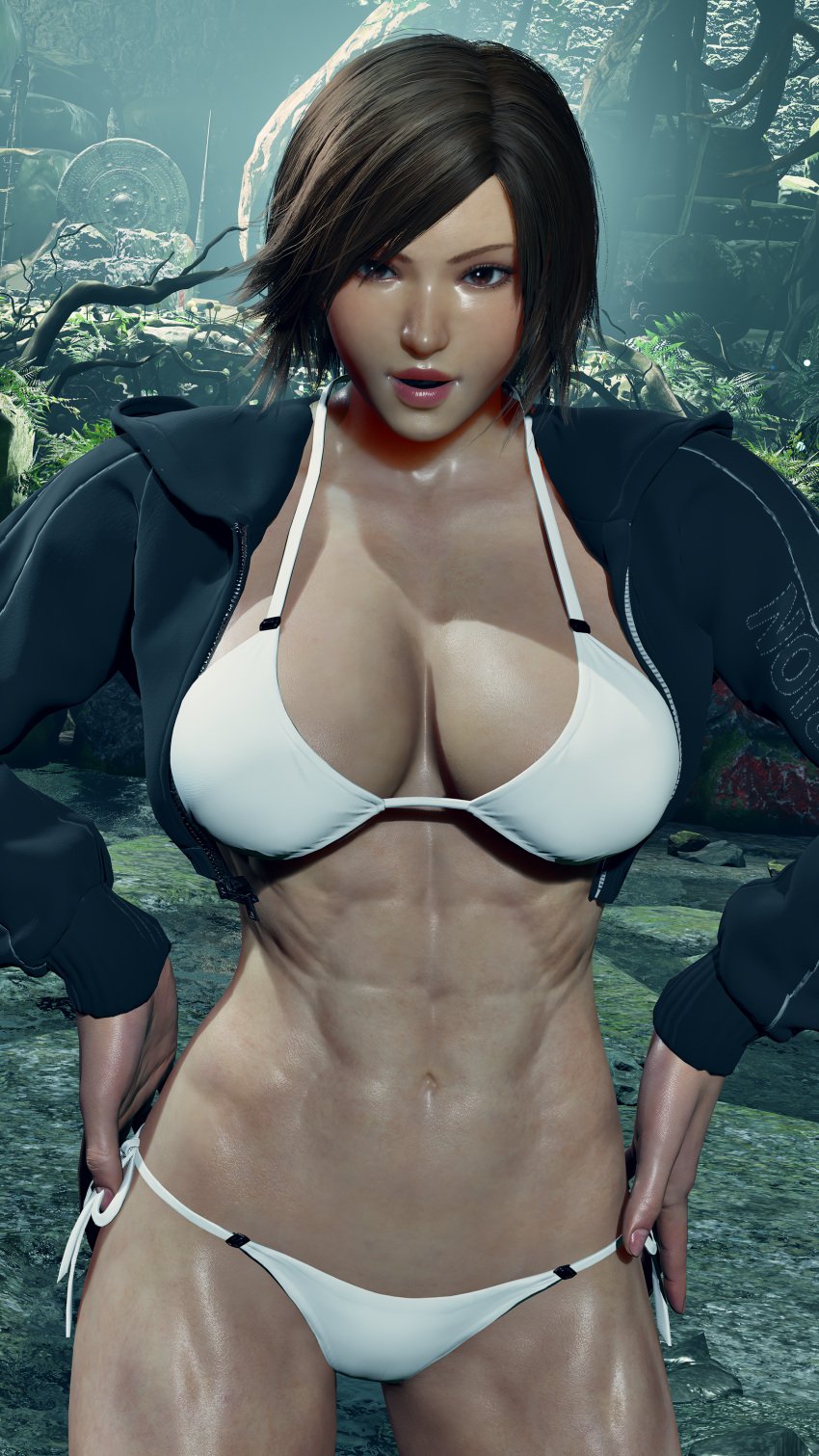 1girls alluring asian asian_female athletic_female big_breasts bikini brown_eyes brown_hair cleavage envy15re2lm female_abs fit_female kazama_asuka mod muscular_female namco open_jacket posing tekken tekken_7 tekken_8 tekken_tag_tournament_2