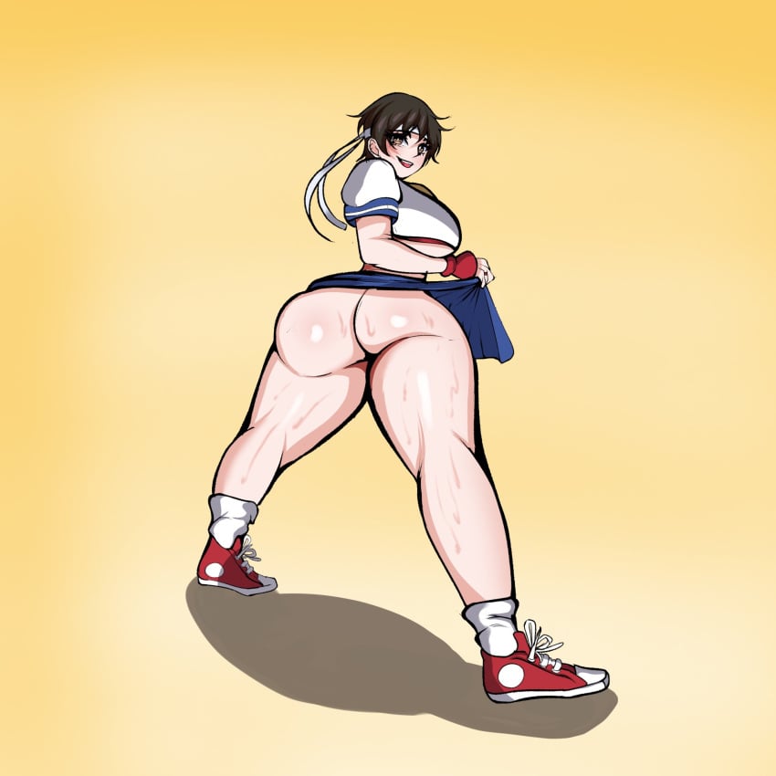 1girls ass ass_focus big_ass big_breasts bottomless bottomless_skirt breasts brown_eyes brown_hair capcom from_behind gloves headband hyperrxgue lifting_shirt looking_at_viewer looking_back sakura_kasugano school_uniform schoolgirl short_hair street_fighter sweat