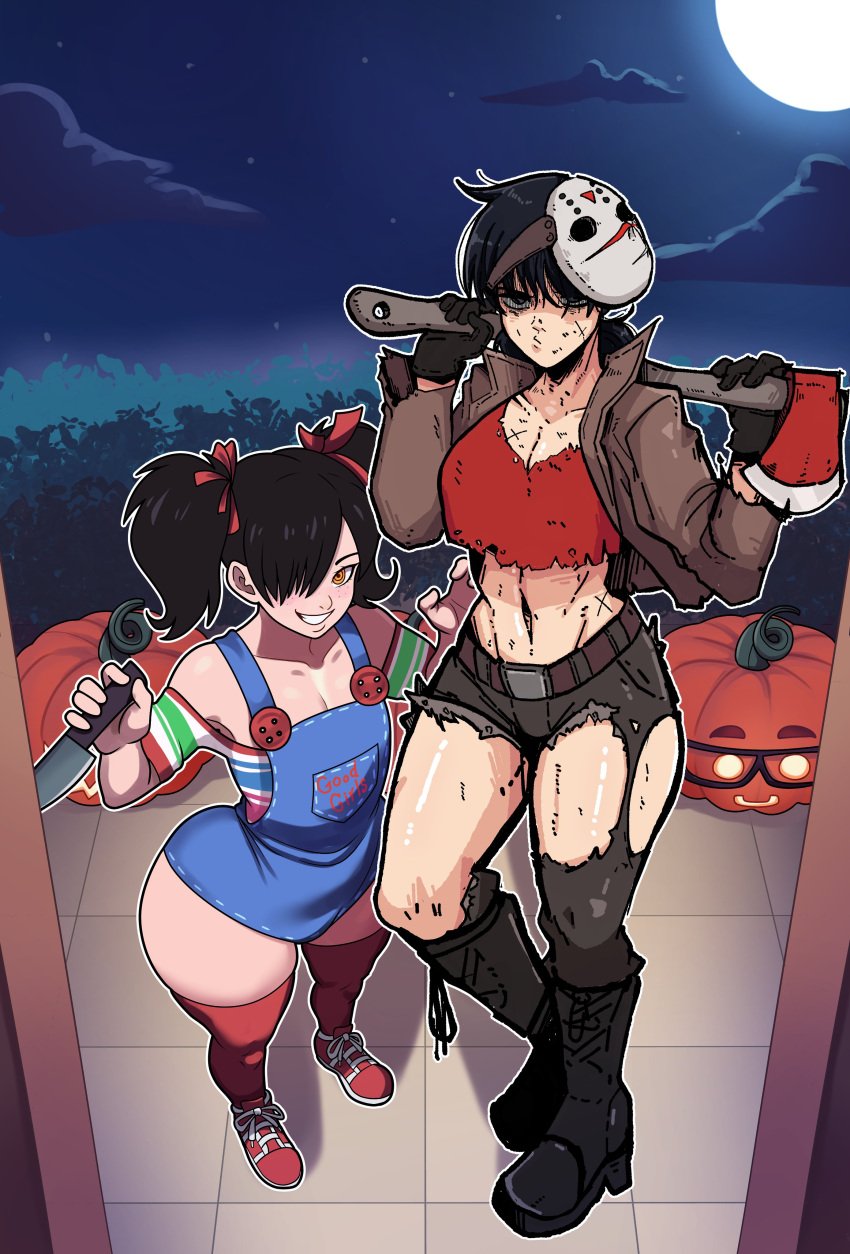 2girls big_ass breasts chainsaw_man cosplay freshnsfw mark_gavatino mitaka_asa nayuta_(chainsaw_man) small_breasts smaller_female tagme thick_ass thick_thighs thighhighs