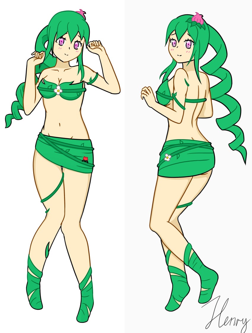 blush bra breasts dakimakura drill_hair dryad dryad_(terraria) female female_only flower_in_hair green_hair henryauyong highres looking_at_viewer midriff purple_eyes simple_background skirt slim_waist smile solo terraria thehallowunderground vines