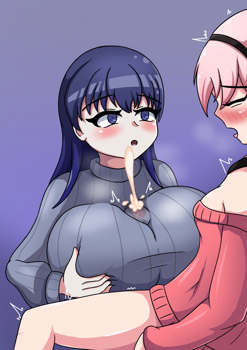 1futa 1girls black_hairband blue_eyes blue_hair blue_sweater blush bottomless closed_eyes clothed clothed_paizuri clothing cum ejaculation female female_on_futa futa_on_female futanari hairband huge_breasts iyowa_girls long_hair makiri_(iyowa) mercy_killing_(vocaloid) muko_(iyowa) muko_no_anata_(vocaloid) mv_character open_mouth paizuri paizuri_under_clothes partially_clothed pink_hair pink_sweater redleaf64 short_hair sweater vocaloid yuri