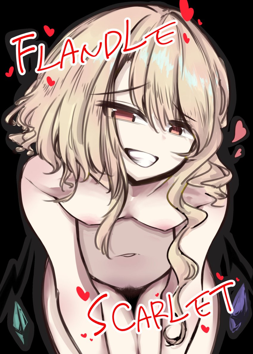 1girls bent_over blonde_hair completely_nude_female female female_pubic_hair flandre_scarlet front_view fujiyama_vc half-closed_eyes headwear heart nude_female red_eyes small_breasts smile smiling_at_viewer solo touhou vampire wings