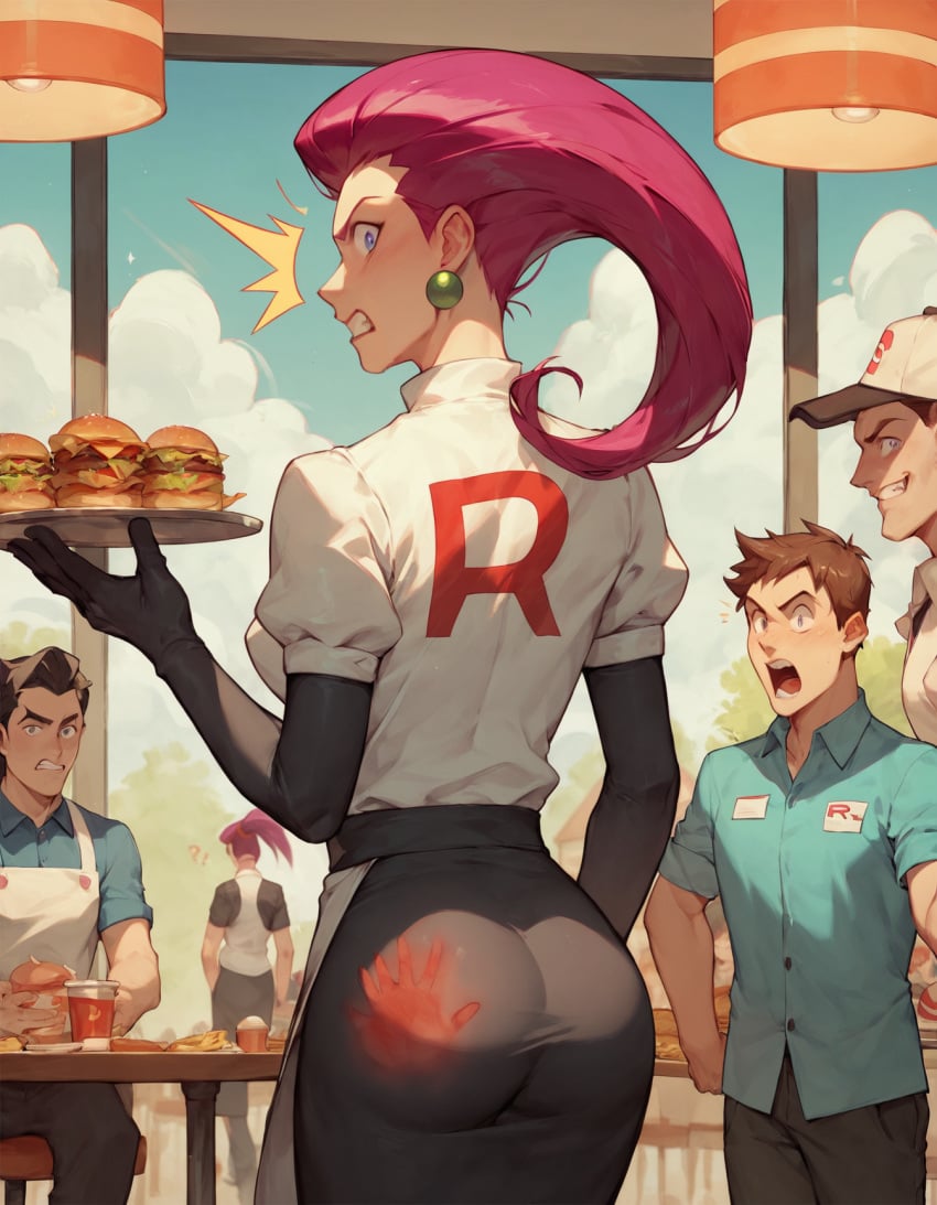 1girls ai_generated angry apron ass ass_focus booty cafe female_focus hamburger jessie_(pokemon) looking_at_viewer looking_back multiple_boys pokemon pov public rtxfus rtxfus34 smile spank_marks spanked unique_hair waitress