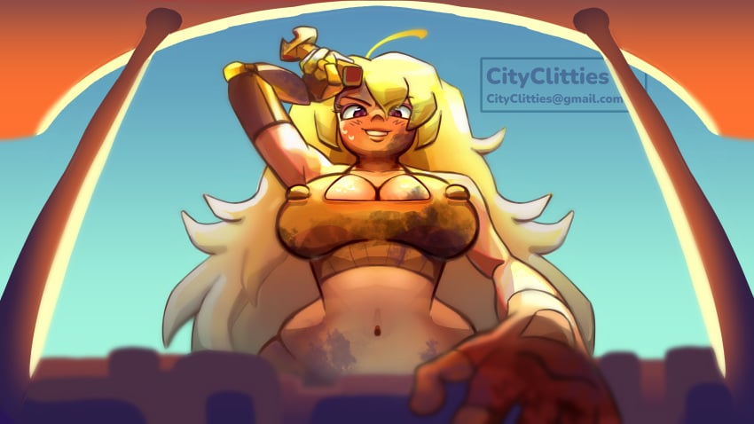 big_breasts big_nipples blonde_hair bra cityclitties hourglass_figure huge_breasts long_hair mechanic mechanical_arm nipples_visible_through_clothing oiled oiled_breasts prosthetic_arm purple_eyes rwby small_waist sweat sweatdrop sweaty_breasts wiping_sweat workout yang_xiao_long