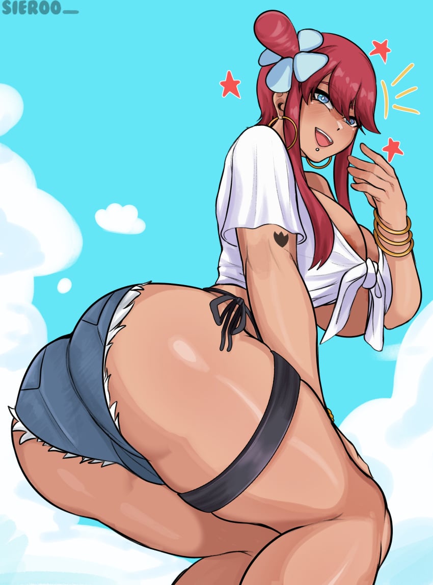 1girls ass big_ass big_breasts big_thighs blush breasts female female_focus female_only gigantic_ass gigantic_breasts gigantic_thighs huge_ass huge_breasts huge_thighs long_hair pokemon red_hair shirt shorts sieroo skyla_(pokemon) tagme thick_hips thick_thighs thighs twintails white_shirt