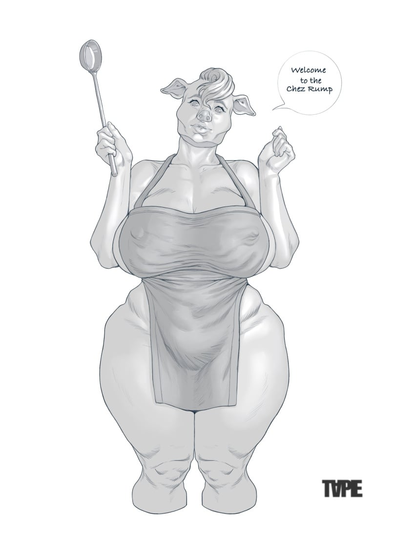 apron apron_only big_breasts big_nipples big_thighs cooking grayscale huge_breasts penelope_(joaoppereiraus) pig pig_girl pig_nose tape_draws